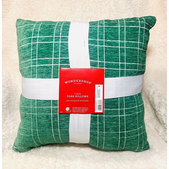 2pk Plaid Christmas Throw Pillow Green/Ivory Checkered Square - Wondershop - Picture 2 of 4